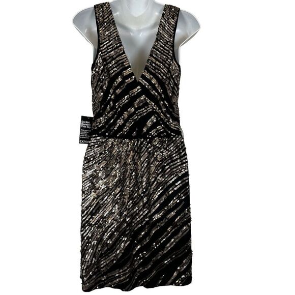 Express Black Gold Sequin Sleeveless V-Back Swifty Party Evening Dress NWT S - Picture 9 of 14